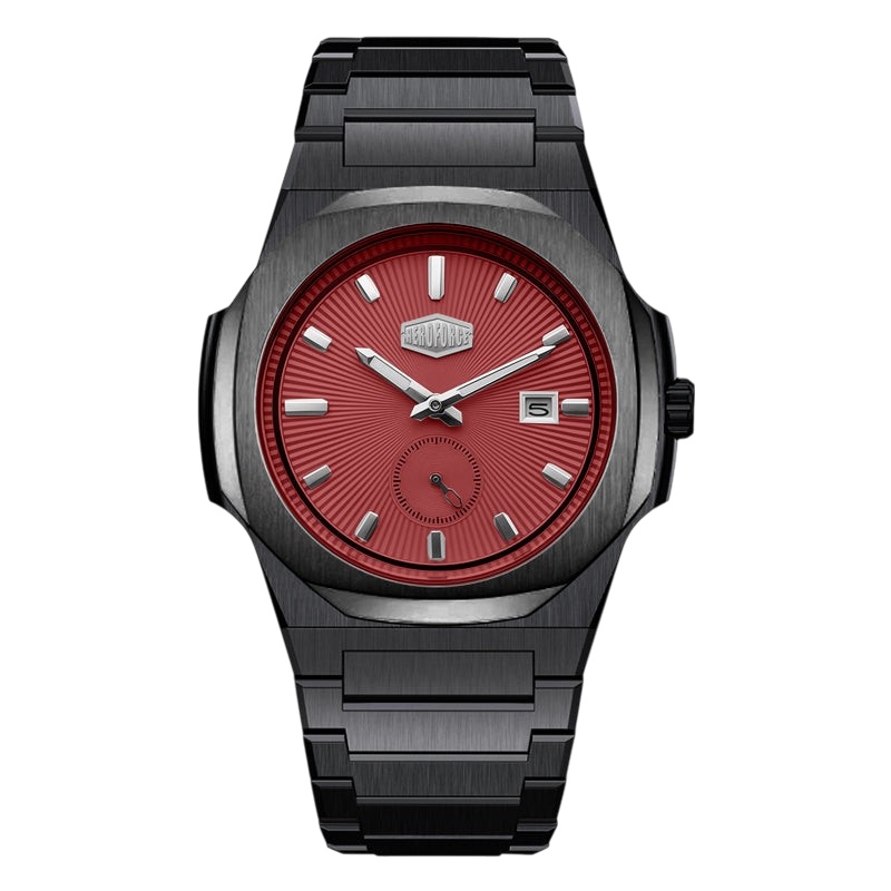 A HeroForce wristwatch with a brushed black metal case and link bracelet, featuring a vibrant red sunburst dial with silver-tone indices and hands.