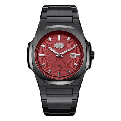 A HeroForce wristwatch with a brushed black metal case and link bracelet, featuring a vibrant red sunburst dial with silver-tone indices and hands.