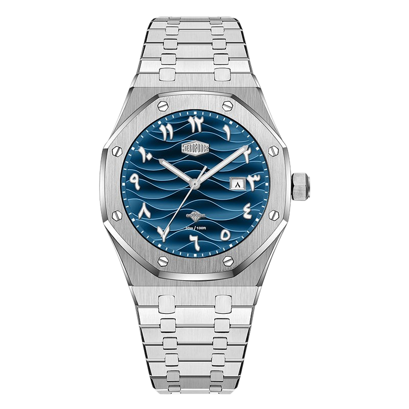 blue dial steel watch