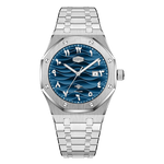 blue dial steel watch