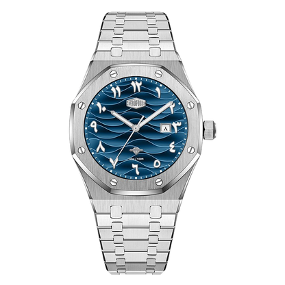 blue dial steel watch