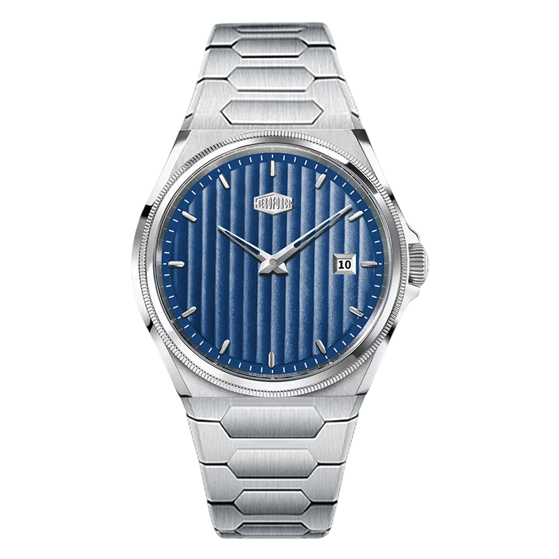 blue dial, steel bracelet