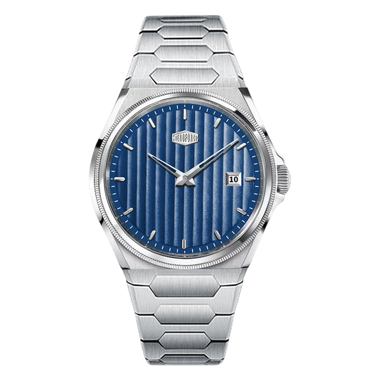blue dial, steel bracelet