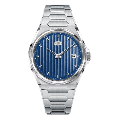 blue dial, steel bracelet