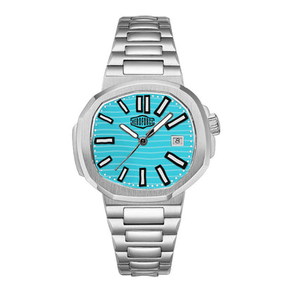blue dial steel watch