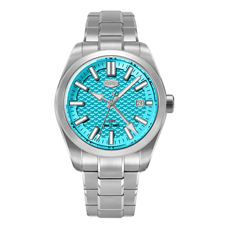 front view, turquoise dial