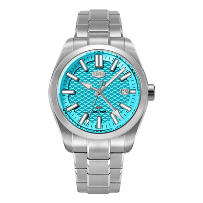 blue dial steel watch