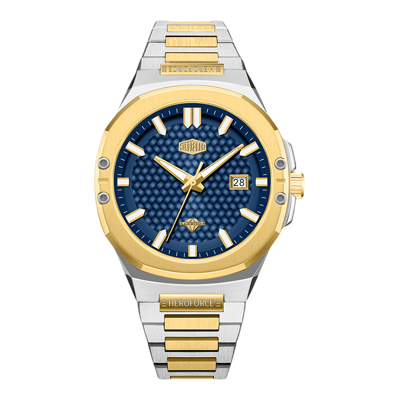 blue textured dial, gold bezel, two-tone bracelet