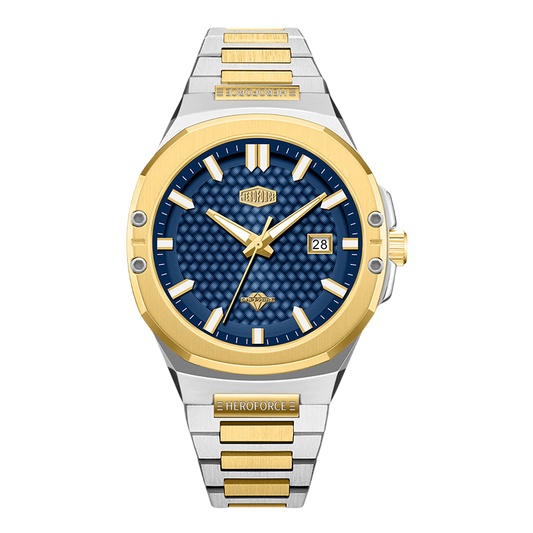 blue textured dial, gold bezel, two-tone bracelet