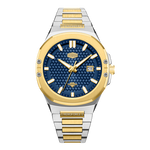 blue textured dial, gold bezel, two-tone bracelet