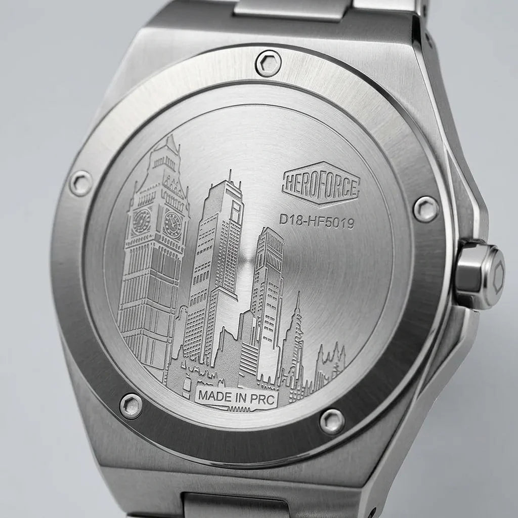 engraved city skyline caseback
