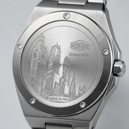 Case back - Stainless steel wristwatch with a green wave patterned 