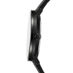 A close-up side profile of a black smartwatch with a matching black strap