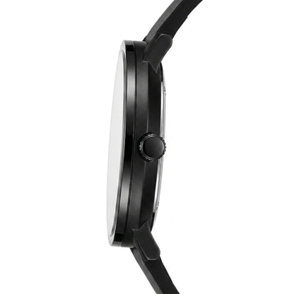 A close-up side profile of a black smartwatch with a matching black strap
