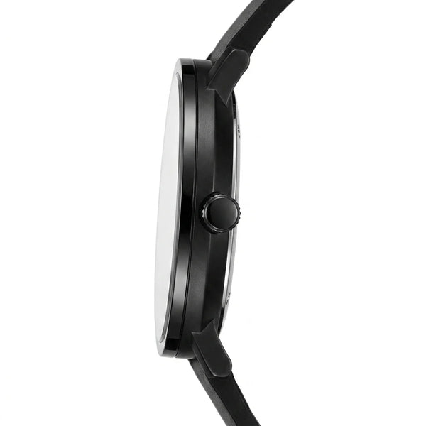 A close-up side profile of a black smartwatch with a matching black strap