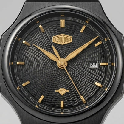 Close-up of a black textured dial watch with gold-tone hands, hour markers, and central logo badge