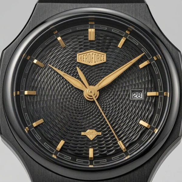 Close-up of a black textured dial watch with gold-tone hands, hour markers, and central logo badge