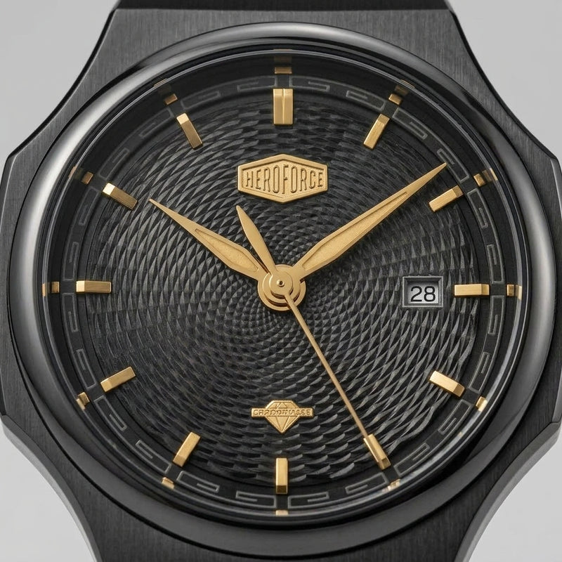 Close-up of a black textured dial watch with gold-tone hands, hour markers, and central logo badge