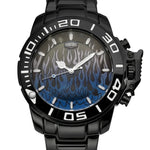 A Herdforce brand black stainless steel watch with a blue and black flame-pattern dial and a black bezel with white numerals.