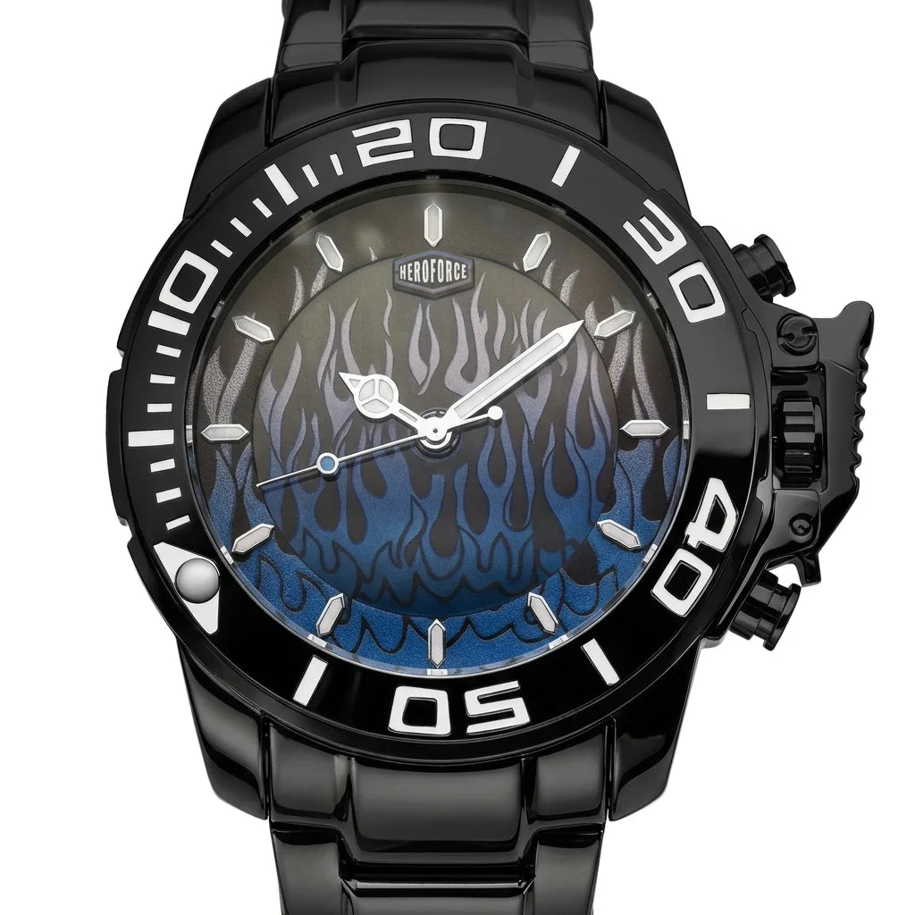 A Herdforce brand black stainless steel watch with a blue and black flame-pattern dial and a black bezel with white numerals.