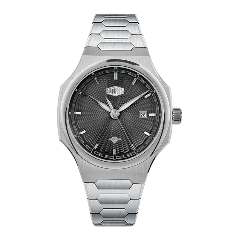 dark grey dial steel watch