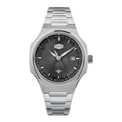 dark grey dial steel watch