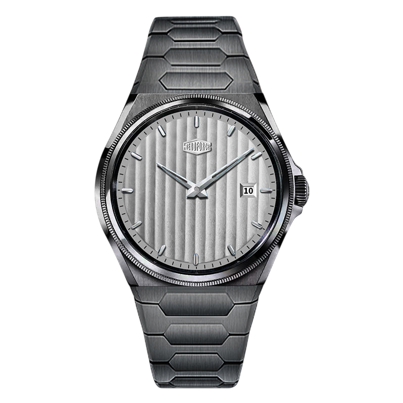 dark grey monochromatic, grey striped dial