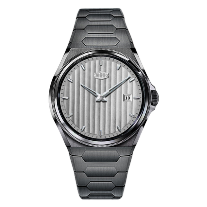 dark grey monochromatic, grey striped dial