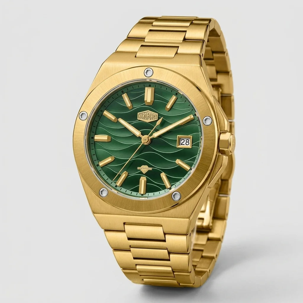 frontal luxury timepiece - Gold tone stainless steel wristwatch with a green wave patterned dial
