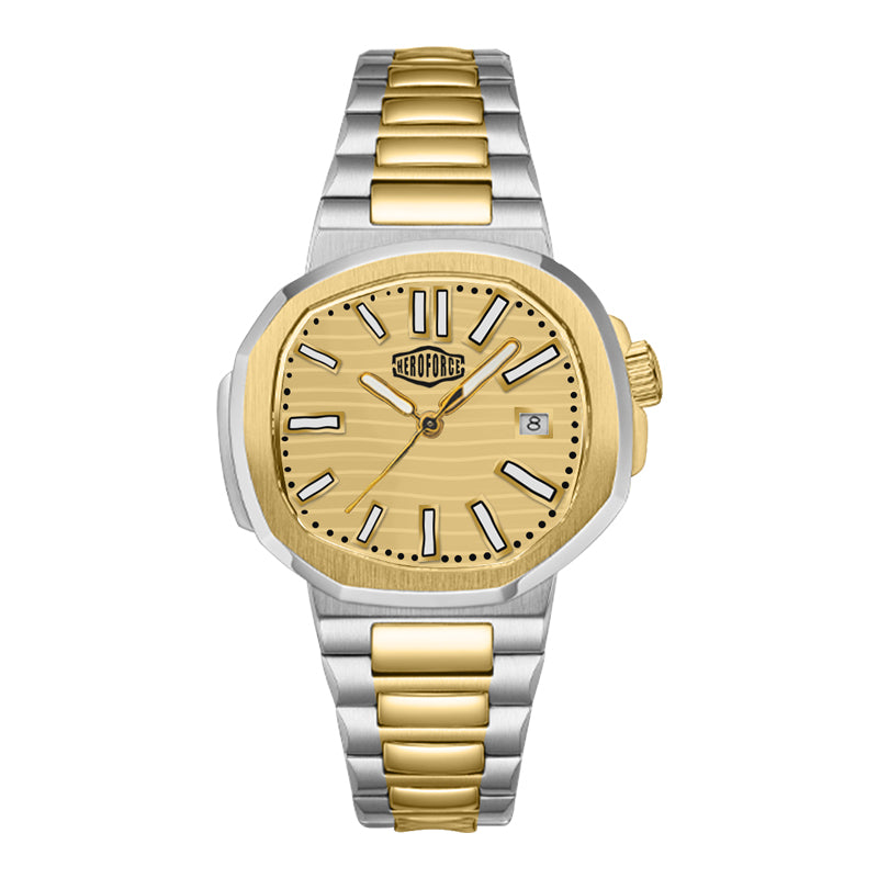 Two-tone silver and gold watch on a white background