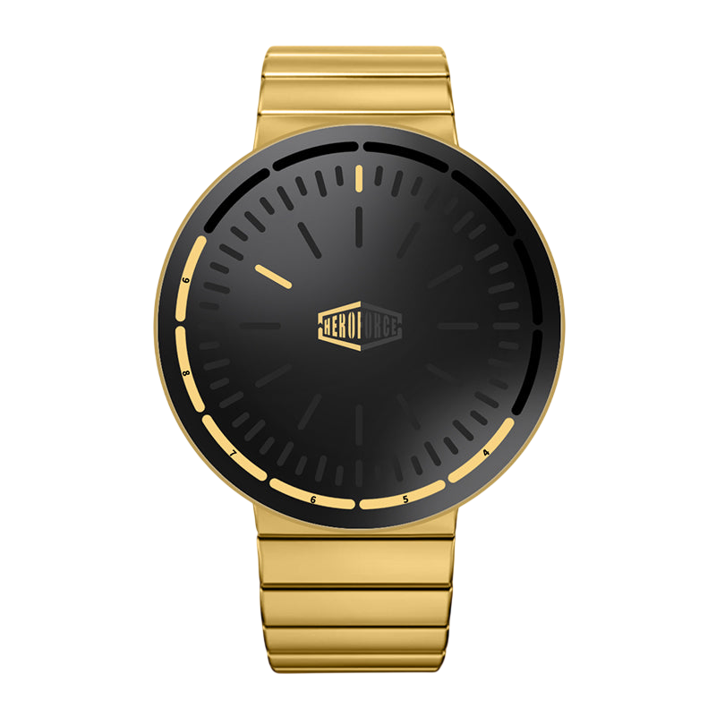 gold metal band black dial