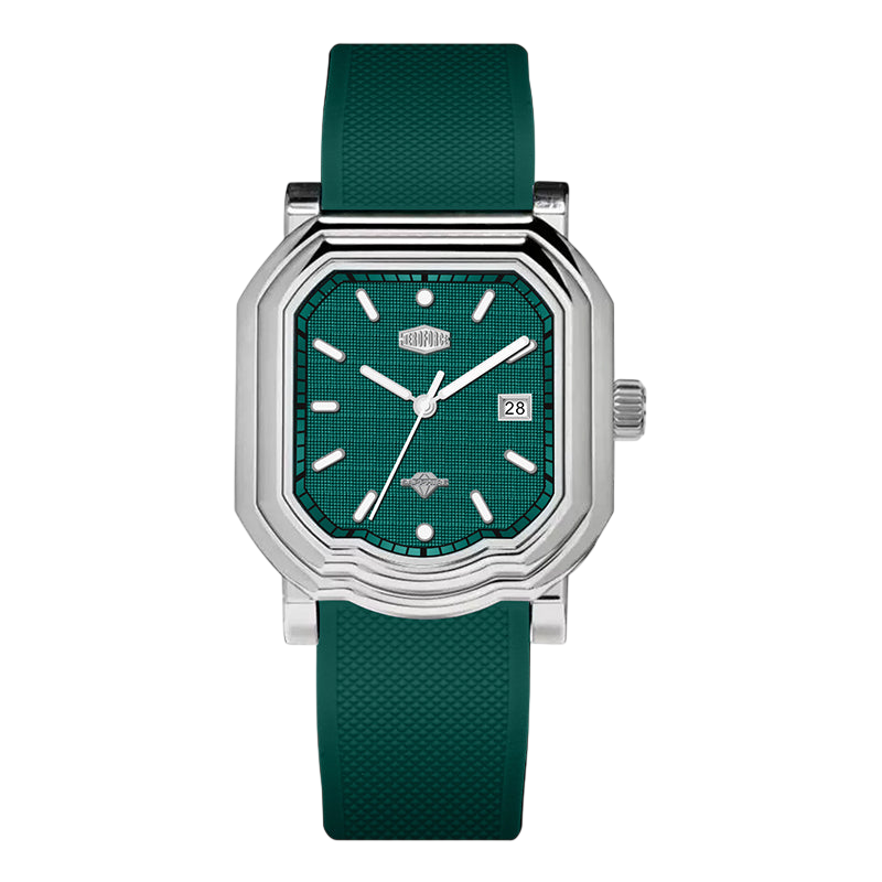 A men's watch with a distinctive octagonal silver-tone stainless steel case, a textured dark green