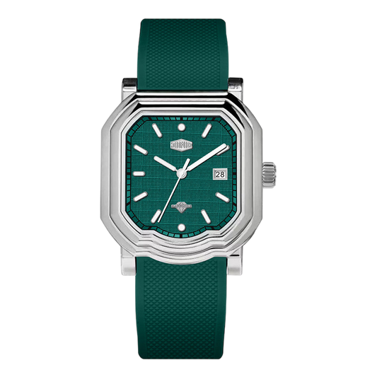 A men's watch with a distinctive octagonal silver-tone stainless steel case, a textured dark green