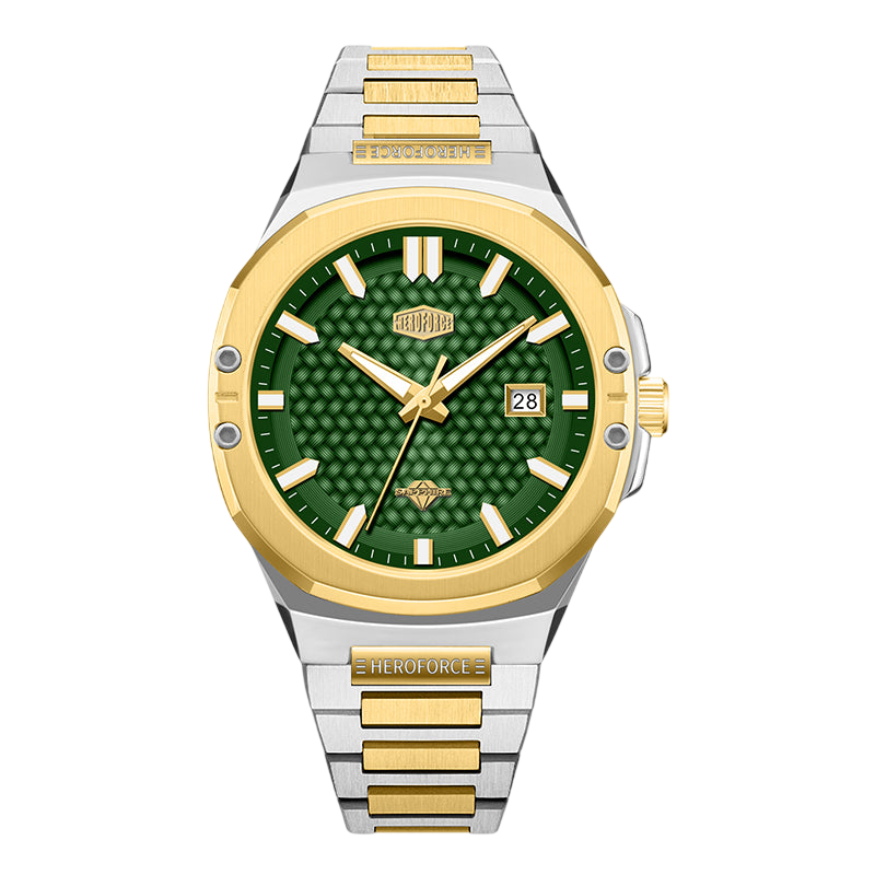 green textured dial, gold bezel, two-tone bracelet