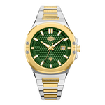 green textured dial, gold bezel, two-tone bracelet