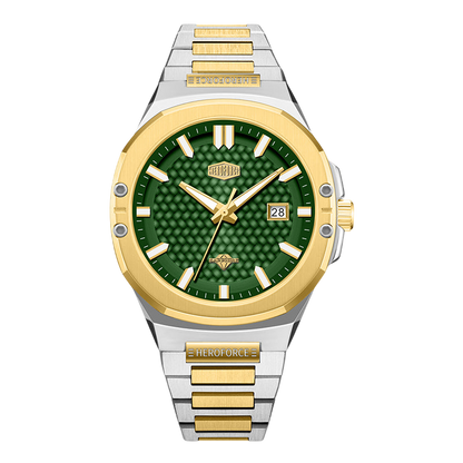 green textured dial, gold bezel, two-tone bracelet