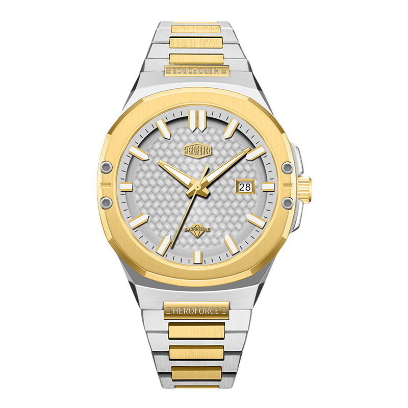 grey textured dial, gold bezel, two-tone bracelet