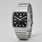 A silver-tone stainless steel wristwatch with a square black dial, silver-tone hour markers and hands