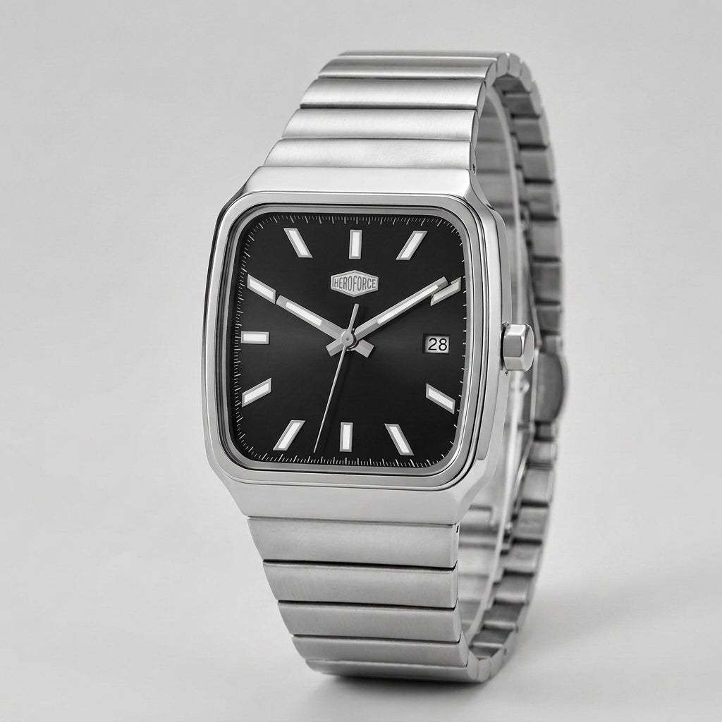 A silver-tone stainless steel wristwatch with a square black dial, silver-tone hour markers and hands