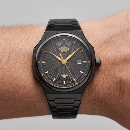 A luxurious Heroforce 5006 sunburst watch worn on a person's writst in the daylight