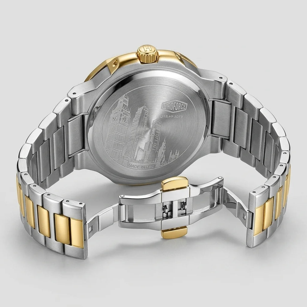 HeroForce 5019 Classic Me - rear 3/4, two-tone bracelet, open clasp, luxury watch