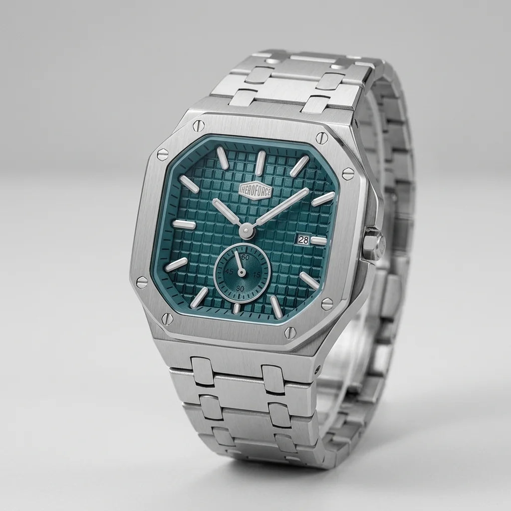 HEROFORCE 5025A Glacier Edge — Men's Quartz Watch - Premium wristwatch, studio shot, photorealistic, clean aesthetic