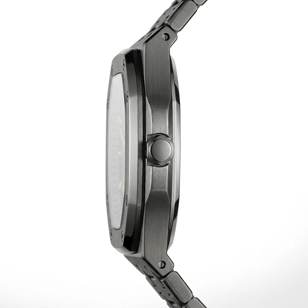 Heroforce 5025A Shadow Prestige Men's Quartz Watch - Luxury Macro Profile, Crisp Metal Edges, Soft Studio Lighting, White Seamless Background