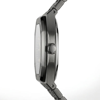 Heroforce 5025A Shadow Prestige Men's Quartz Watch - Luxury Macro Profile, Crisp Metal Edges, Soft Studio Lighting, White Seamless Background