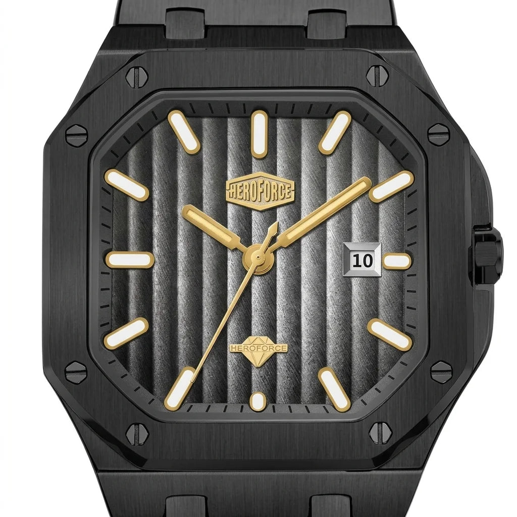Heroforce 5025B Ribbed Di - ribbed dial, crisp markers, metal finish, detail view