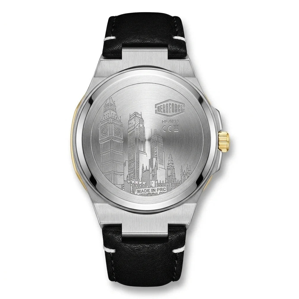 HeroForce Caldris 5033B - back view, engraved city, black strap