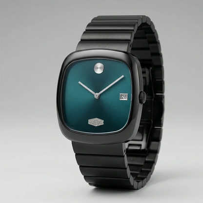 A minimalist watch with a matte black metal link bracelet, a black case, and a green gradient dial featuring a silver dot and hands.
