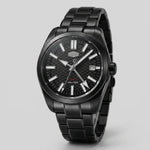 A HeroForce wristwatch with a matte black metal case and link bracelet, featuring a textured black dial with silver-tone indices and hands, a date window at 3 o'clock, and a small red 'GNT' accent.