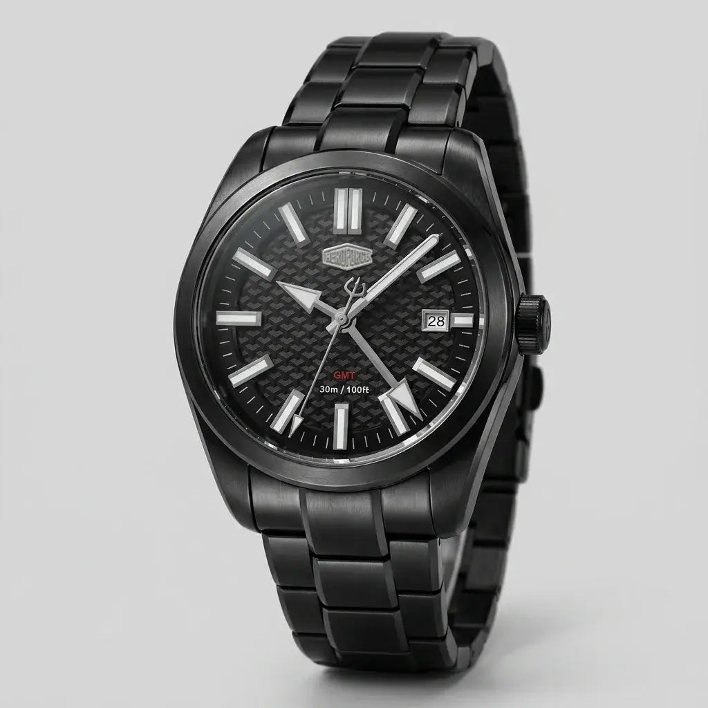 A HeroForce wristwatch with a matte black metal case and link bracelet, featuring a textured black dial with silver-tone indices and hands, a date window at 3 o'clock, and a small red 'GNT' accent.