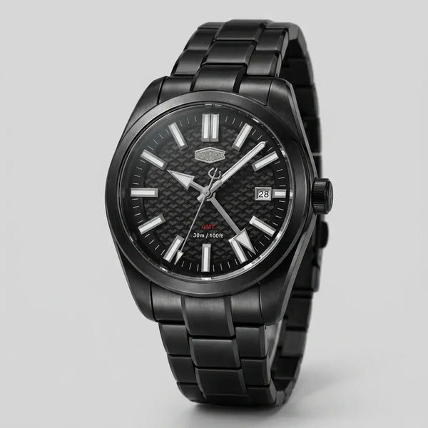 A HeroForce wristwatch with a matte black metal case and link bracelet, featuring a textured black dial with silver-tone indices and hands, a date window at 3 o'clock, and a small red 'GNT' accent.